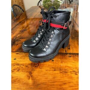 NWOT Steve Madden Faux Leather Black Heeled Combat Boots with buckle detail